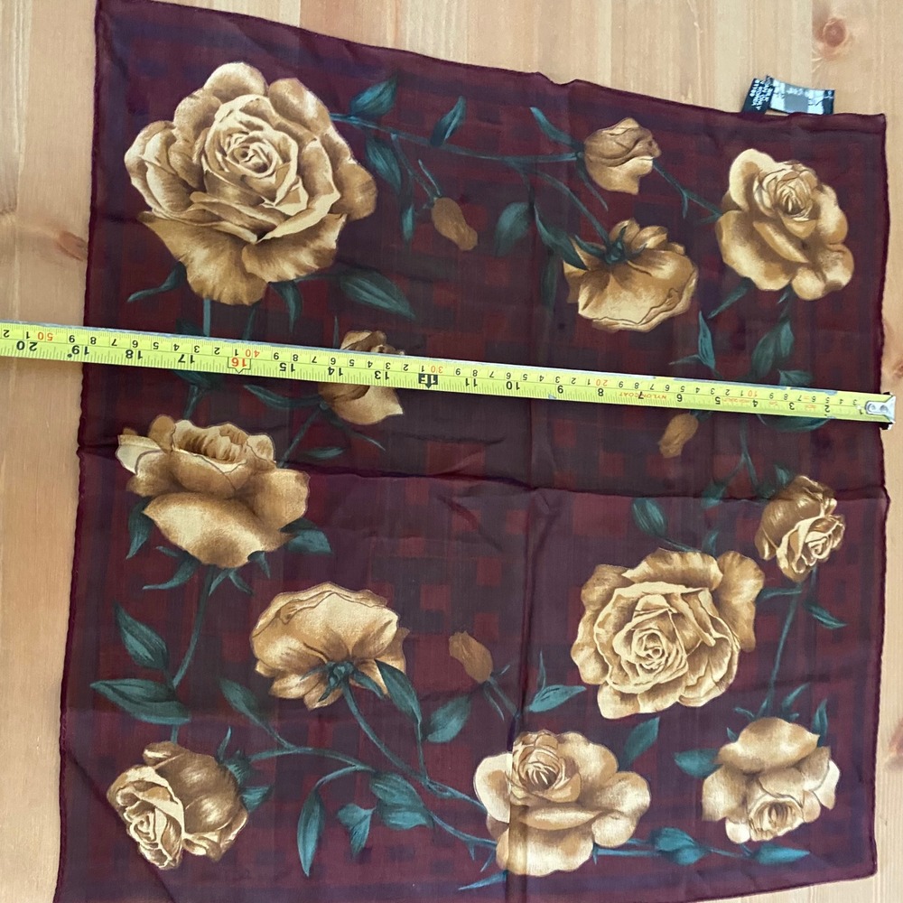 VTG Halston Lifestyle Burgundy Gold Rose Floral Silk Square Scarf - Picture 5 of 11